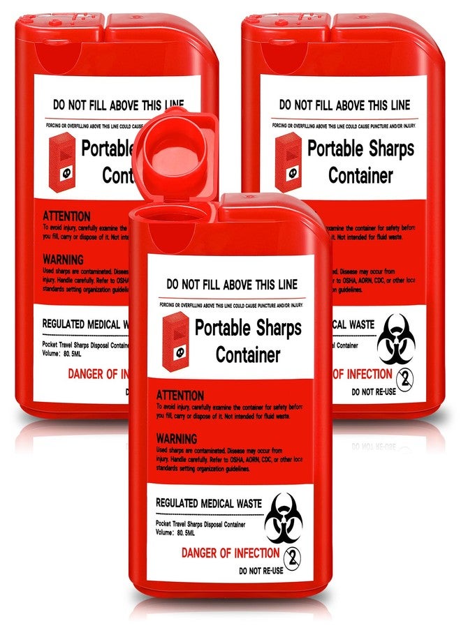 Baderke 3 Pcs Pocket Travel Sharps Disposal Container, 80ml Needle Disposal Containers Home Small Sharps Portable Biohazard Syringe Box for Home Travel Diabetic Supplies(Red) - Image 1